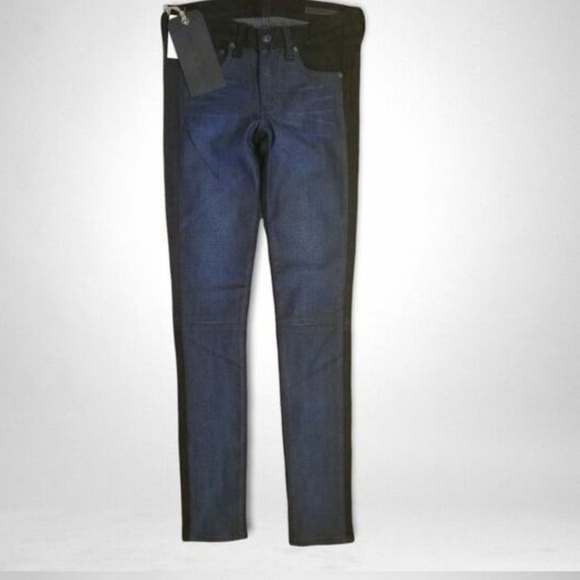 Rag & Bone Lamb Leather + Jean Combo Skinny Pant, Blue, Black, Size 28 - Picture 14 of 14